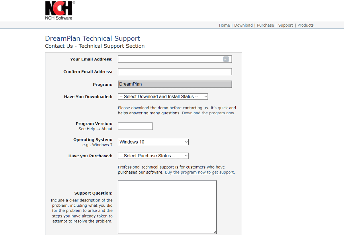 Customer support web form in DreamPlan