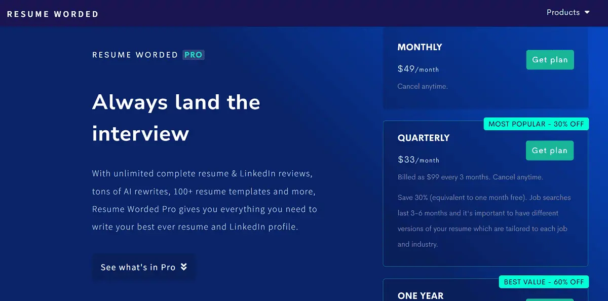 Resume Worded's pricing page