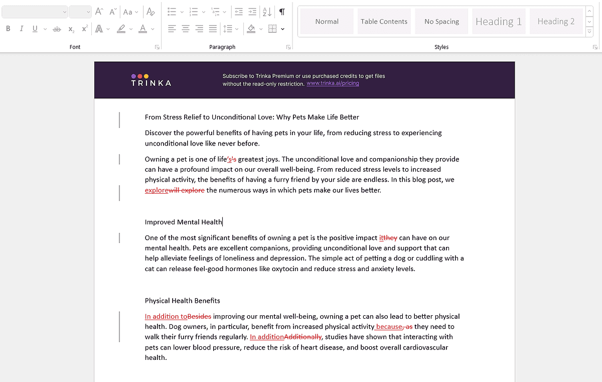 Suggested edits from Trinka AI's proofreading tool