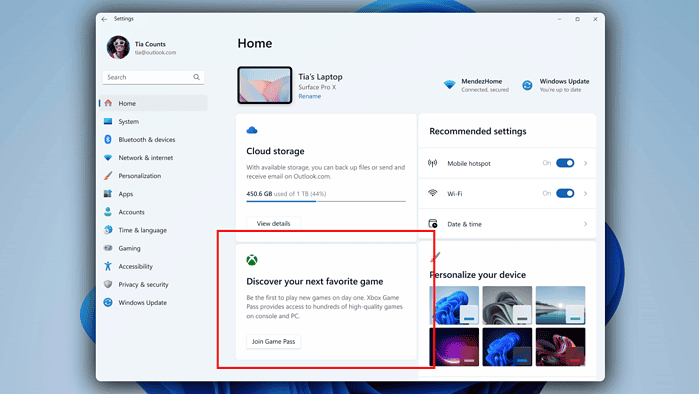 Game Pass card on the Settings app in Windows 11