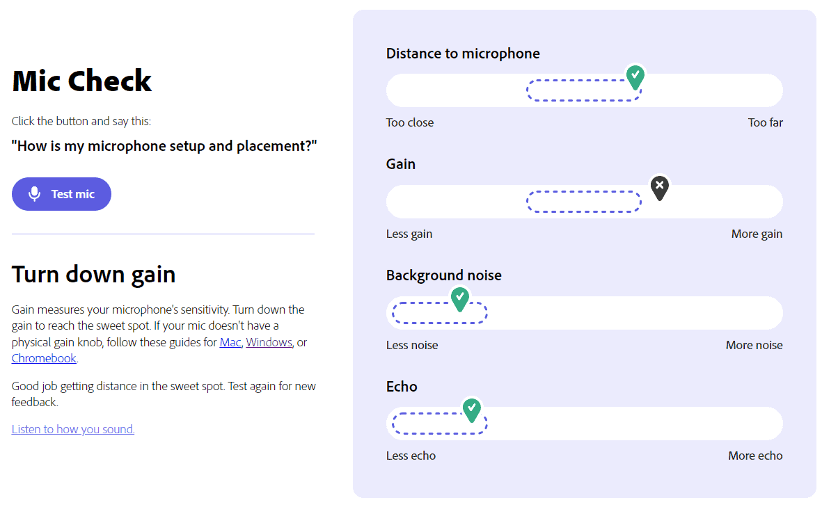 Adobe Podcast Mic Check test result