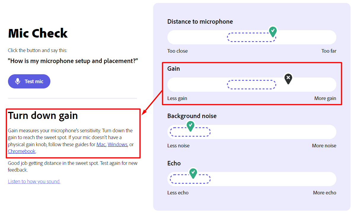 Adobe Podcast Tutorial Mic Check results