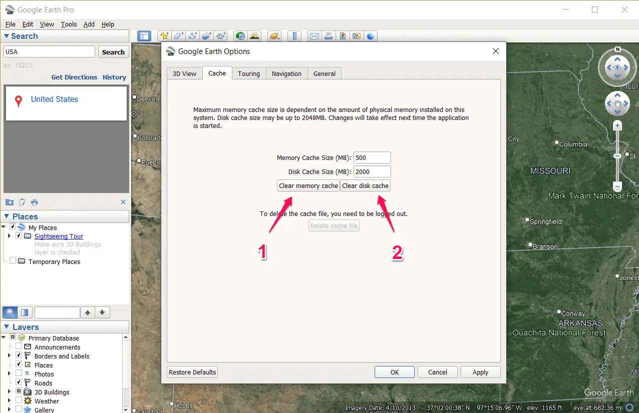 Clearing disk and memory cache in Google Earth Pro