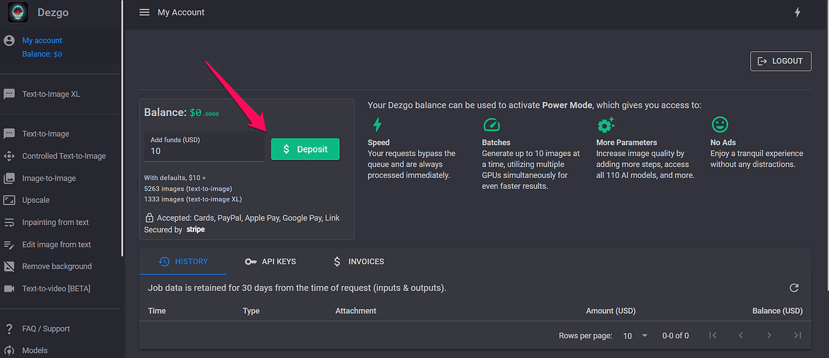 Dezgo AI deposit funds account section