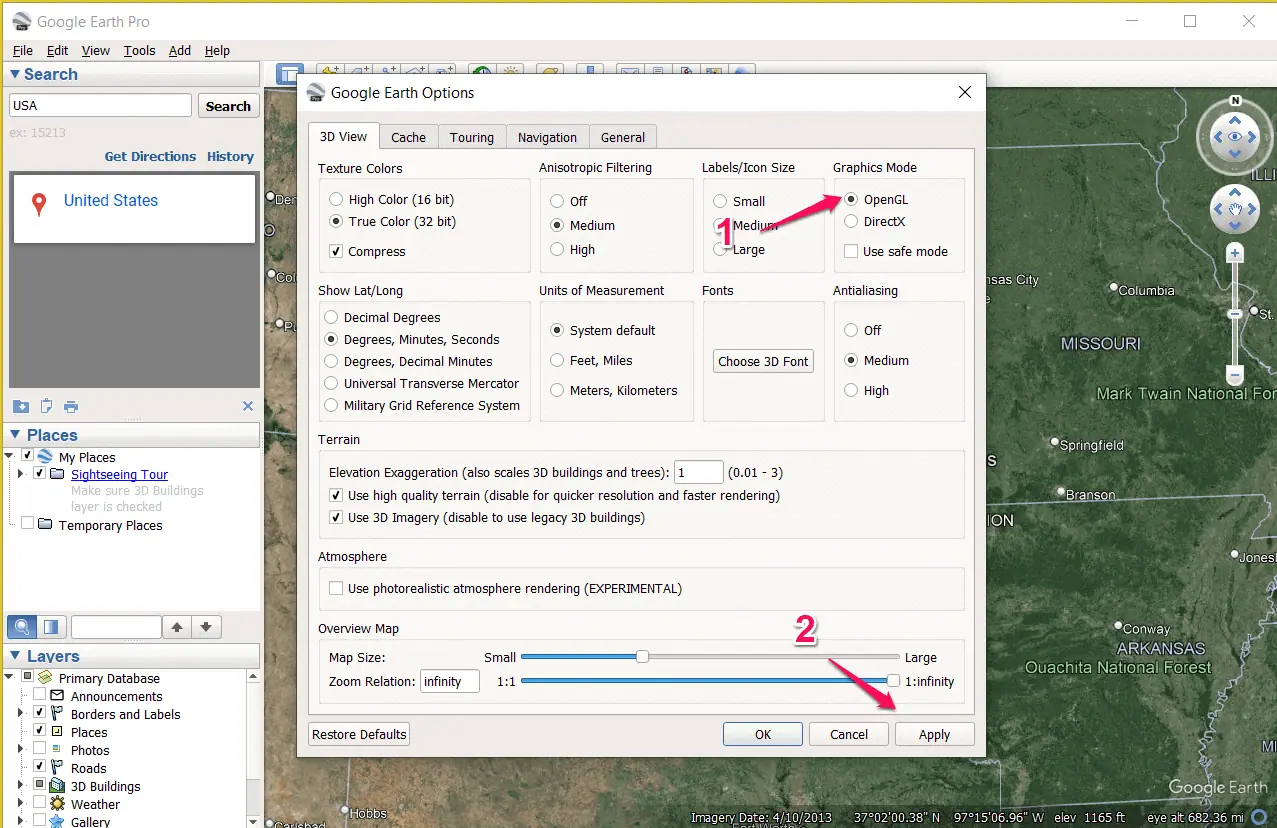 Enabling OpenGL in Google Earth Pro