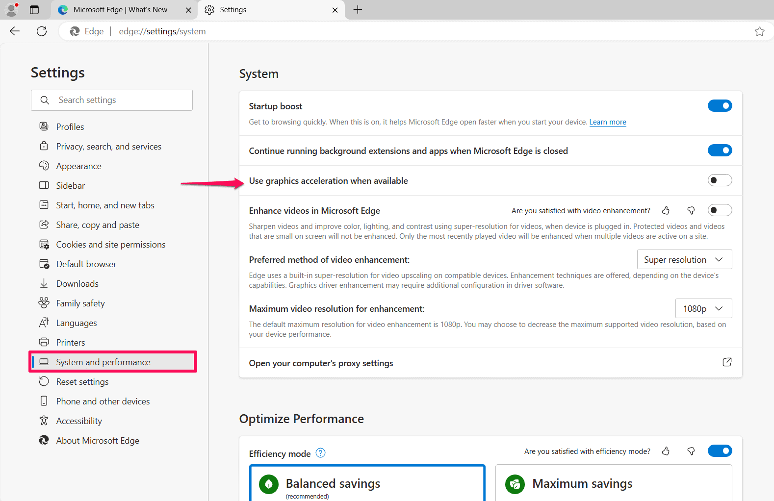 Microsoft Edge performance settings