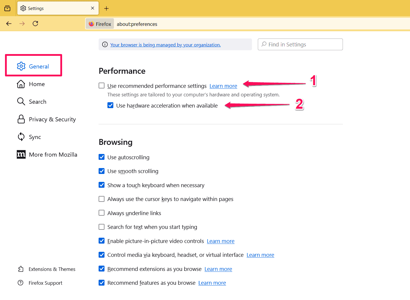 Performance settings in Mozilla Firefox