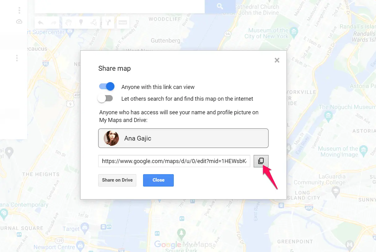 Sharing options in Google My Maps