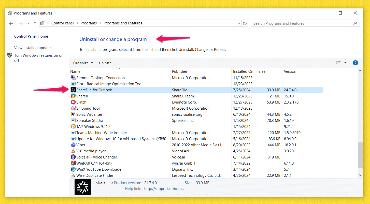 Uninstall ShareFile from Control Panel