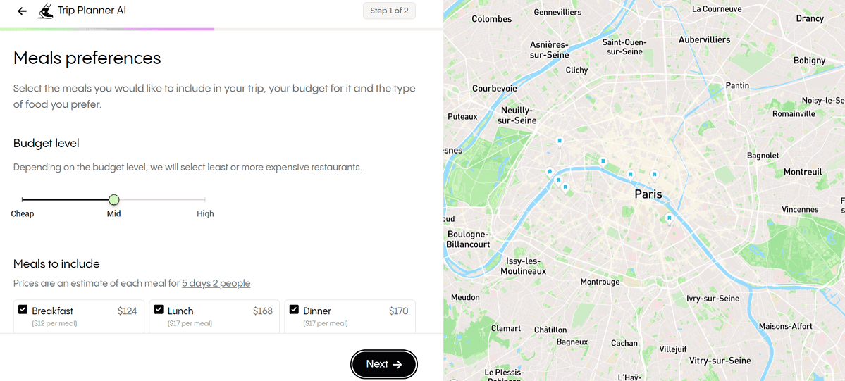 Trip Planner AI meals preferance