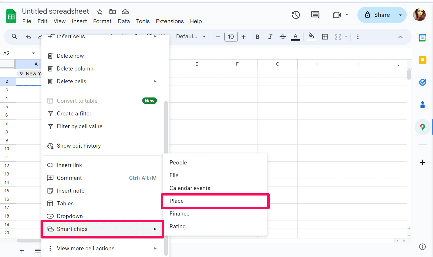 Adding smart chips in Google Sheets