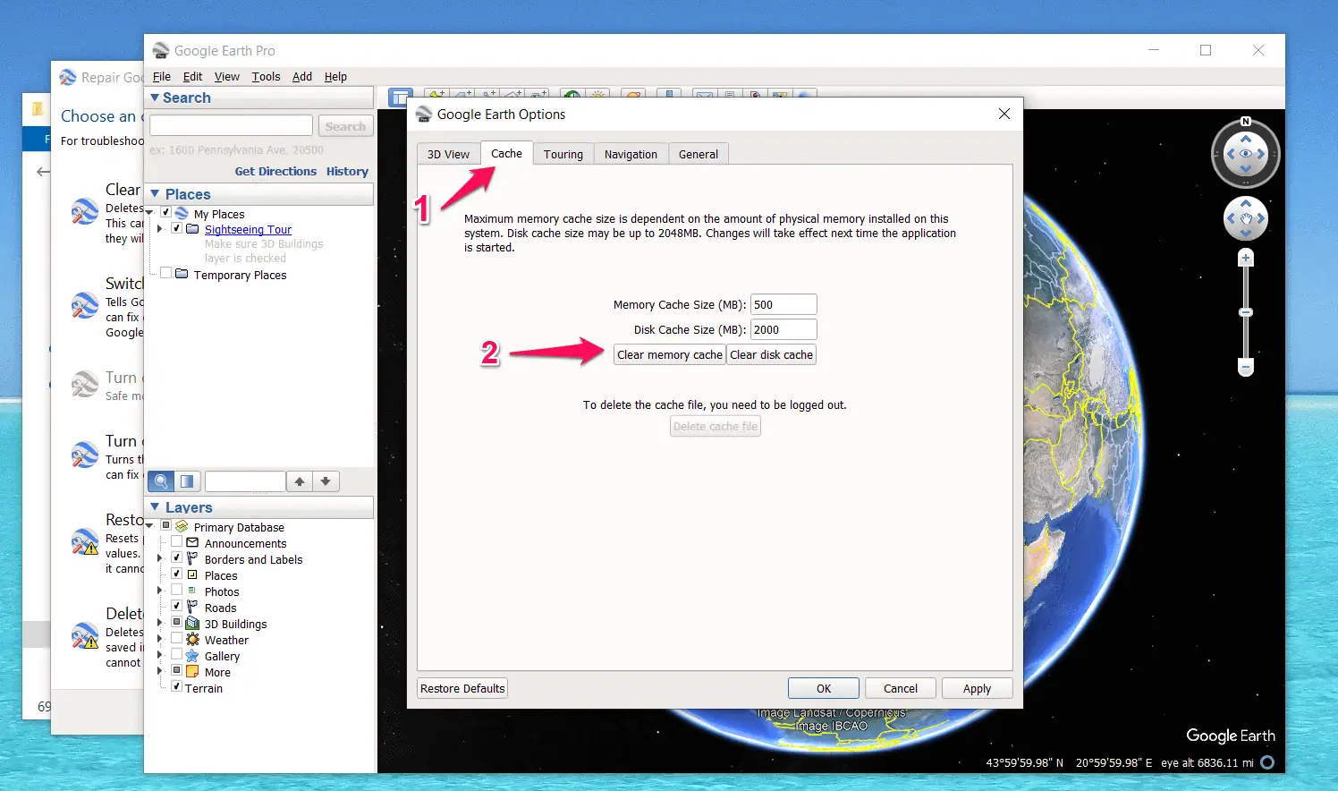 Clearing cache in Google Earth Pro