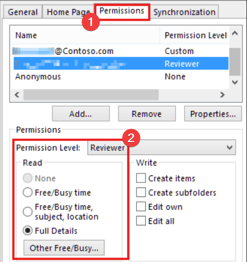 outlook calendar set permissions