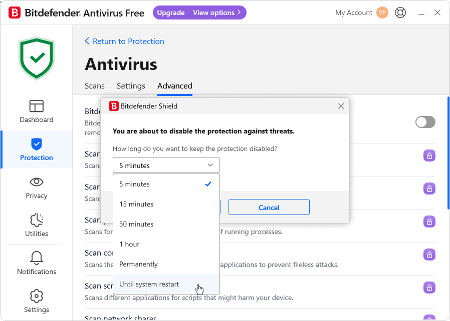 temporarily disable antivirus