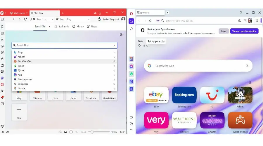 Vivaldi vs Opera - start pages