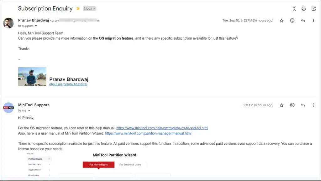 MiniTool Partition Wizard Email Support Response
