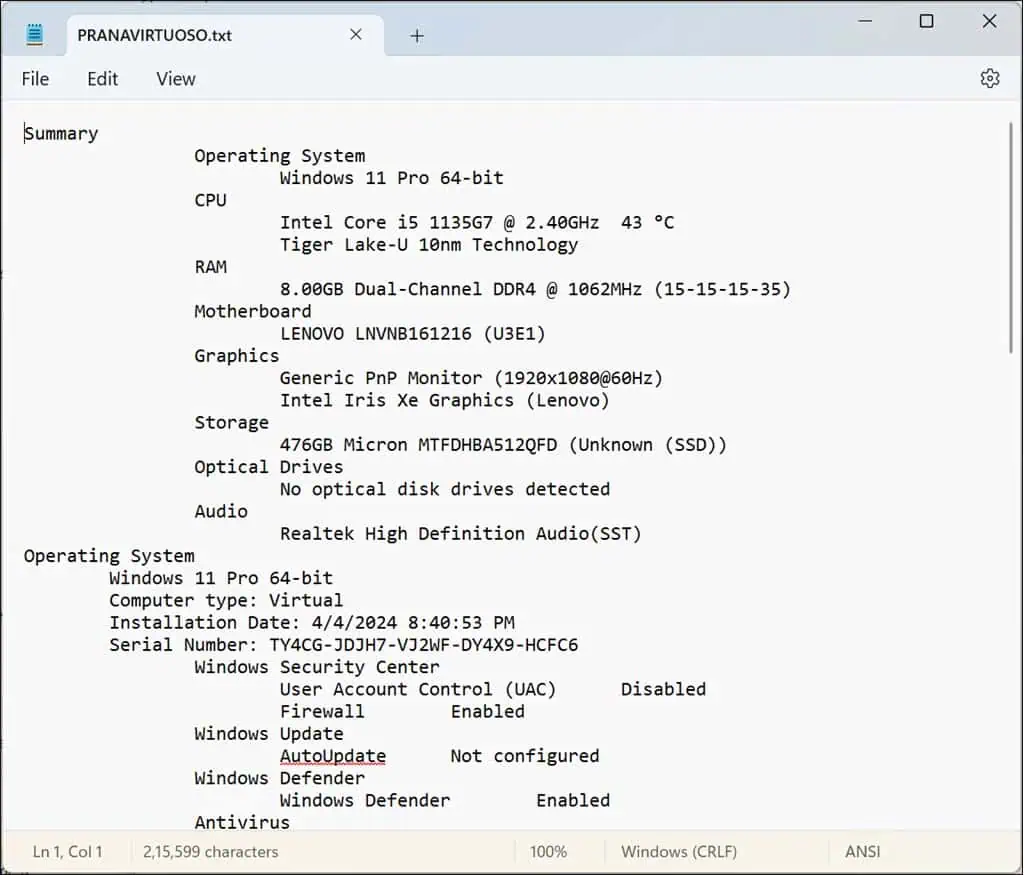 Speccy Summary in Text File