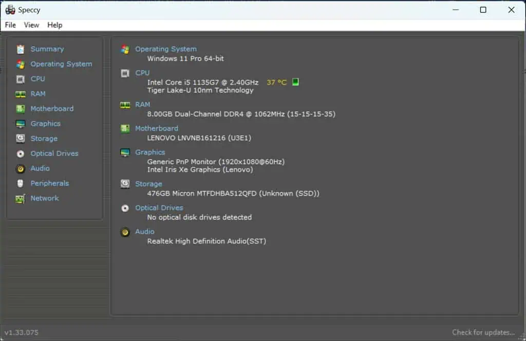 System Summary Speccy