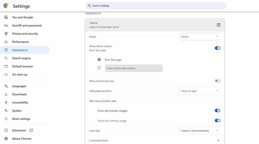 Google Chrome appearance settings