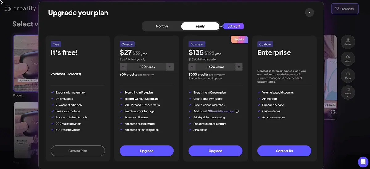 Creatify AI pricing webpage