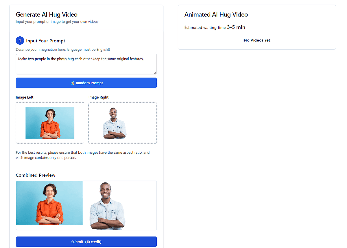 AI Hug Video Generator with prompt and images