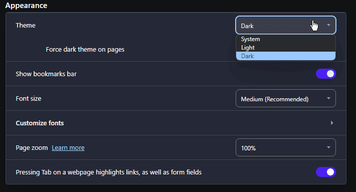 Opera customization settings