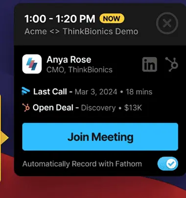 Fathom AI meeting pop-up