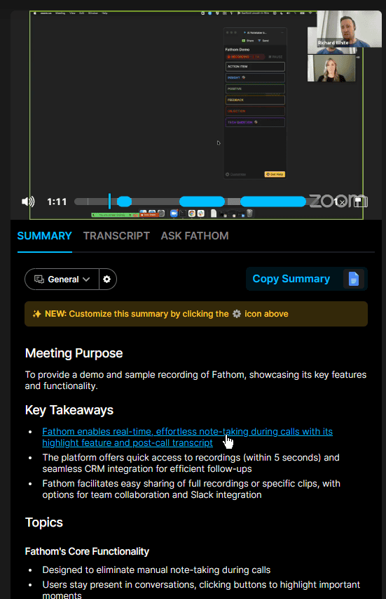 Fathom AI summary in actual meeting