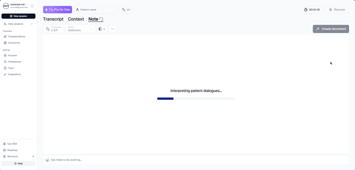 Heidi AI Scribe processing voice recording