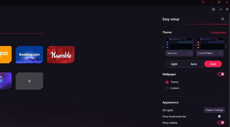 Opera GX appearance settings