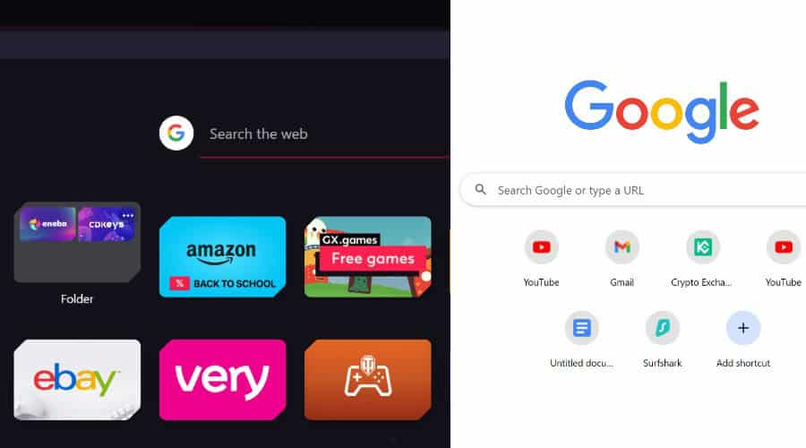 Opera GX vs Chrome - Speed Dial and Most Visited