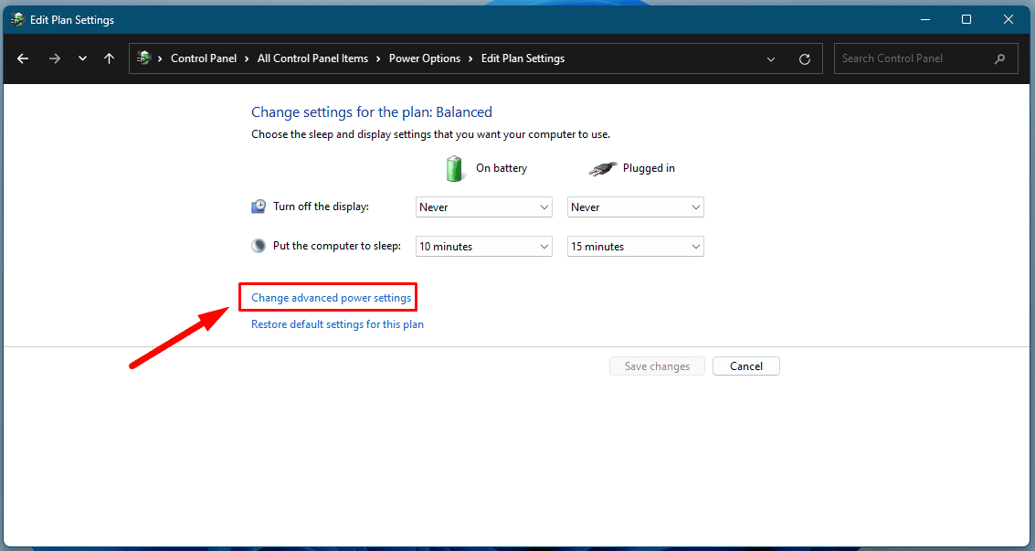 Change advanced power settings