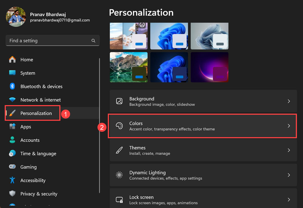 Colors option under Windows Personalization