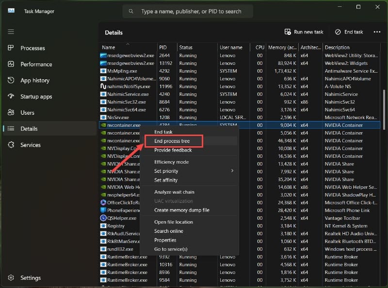 End NVIDIA process tree