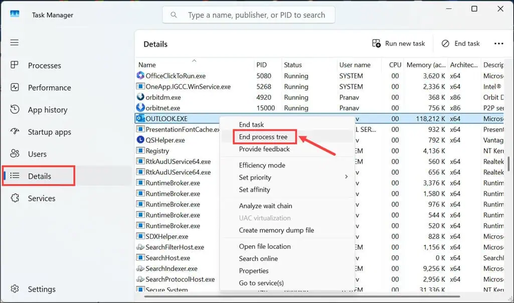 End process tree Outlook app