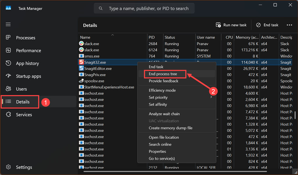 End process tree of the screen-recording app