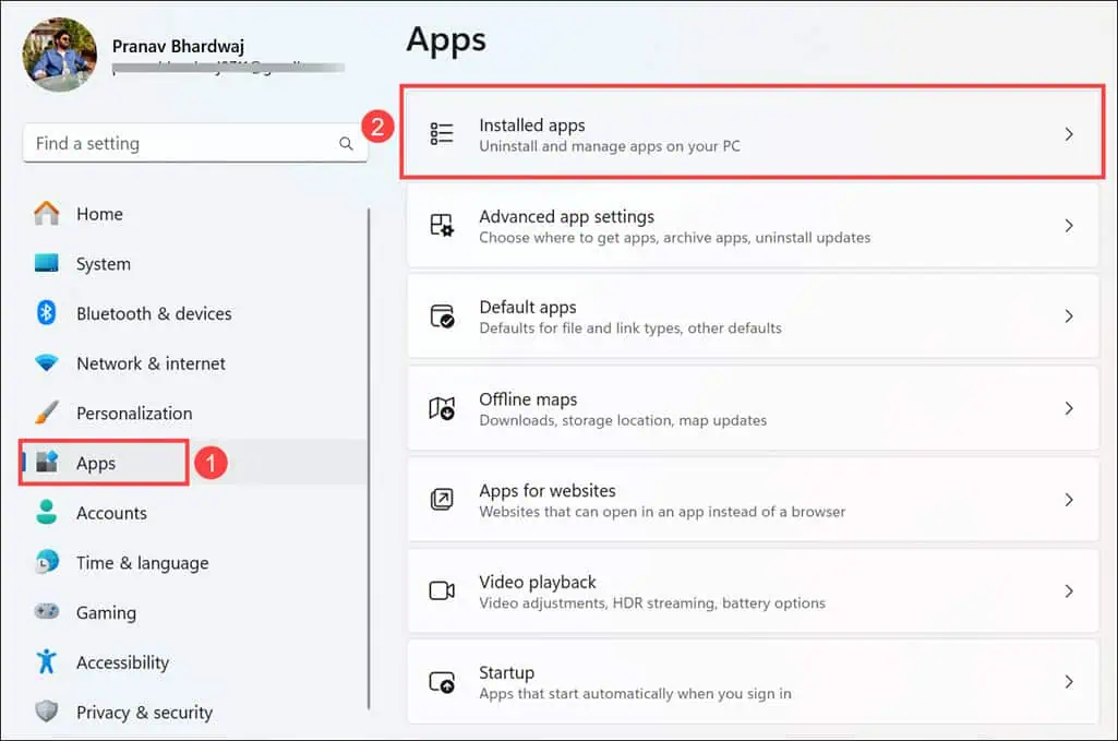 Installed apps section Windows Settings