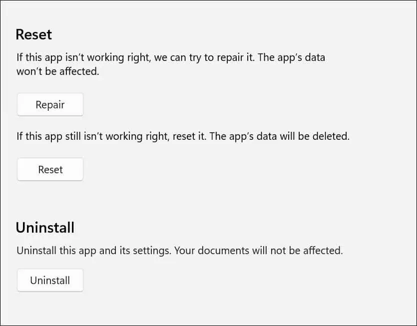 Repair or reset Outlook app