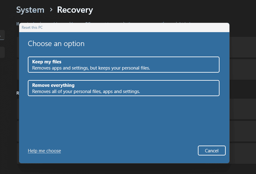 Choose whether to keep your files or remove everything