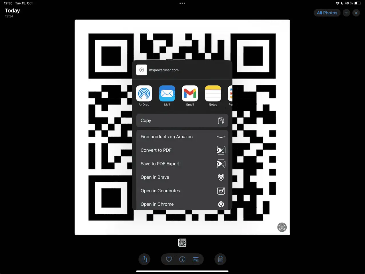 QR cide with share menu iOS