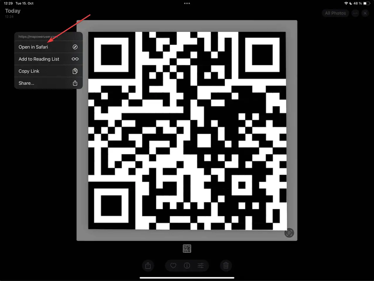 QR code with open menu iOS