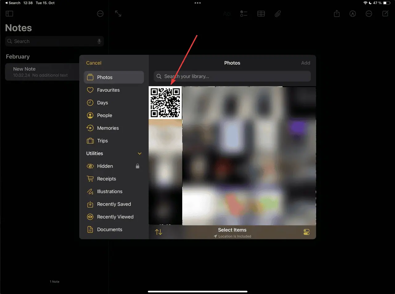 QR code in Notes image add menu