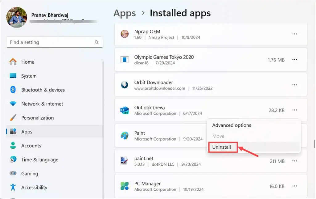 Uninstall Outlook app