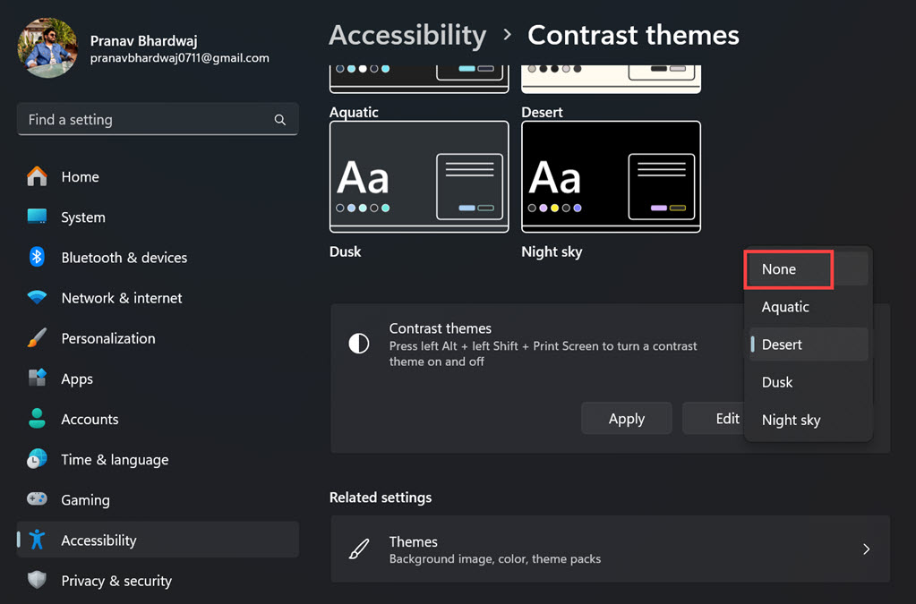 disable Contrast Theme