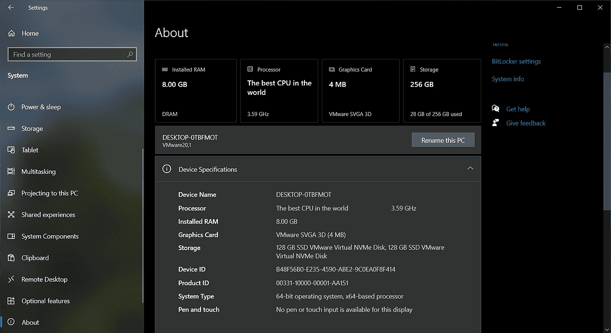 Windows 10, About page on Settings