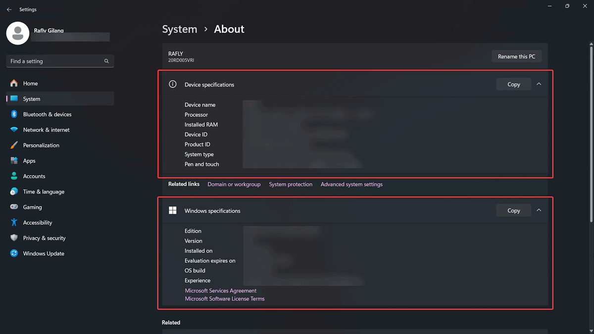 Windows 11, About page on Settings