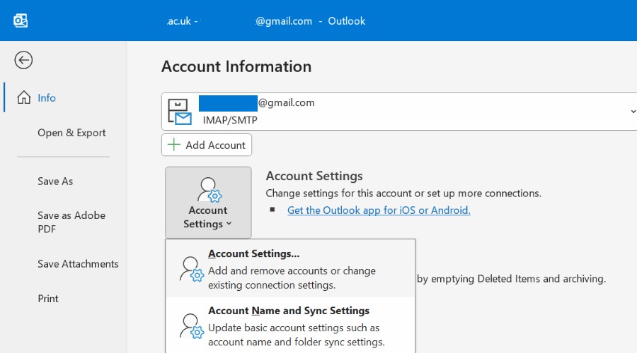 Outlook account settings