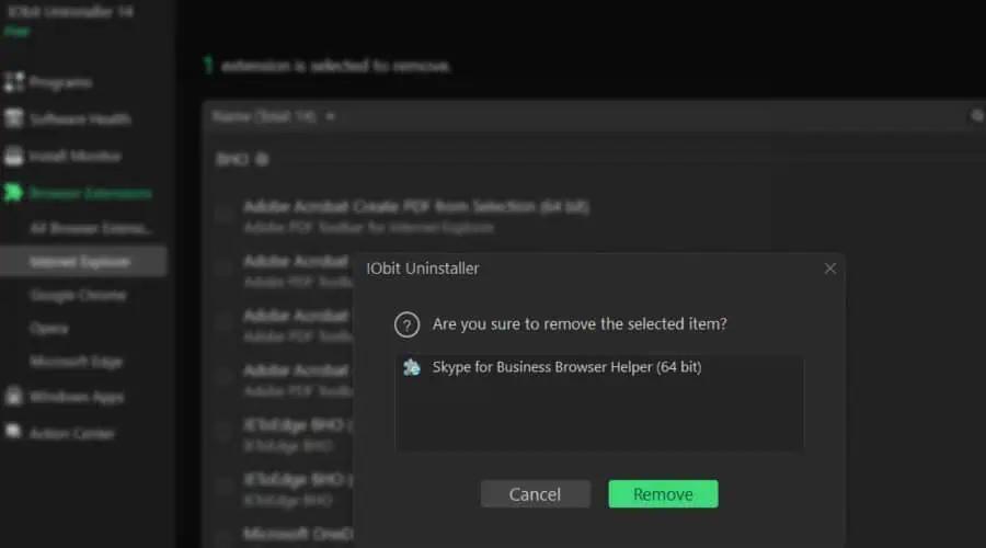 Uninstalling Skype extension using IObit Uninstaller