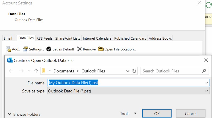 Select Outlook Data File PST