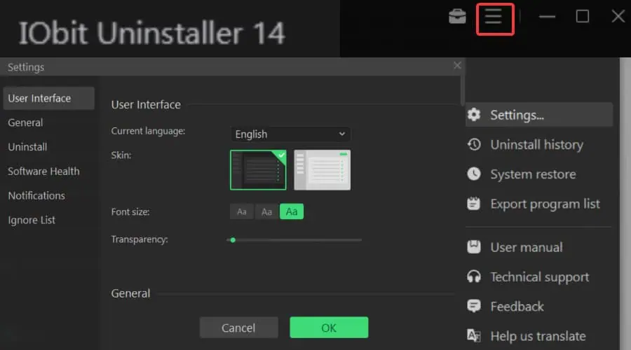 IObit Uninstaller settings interface